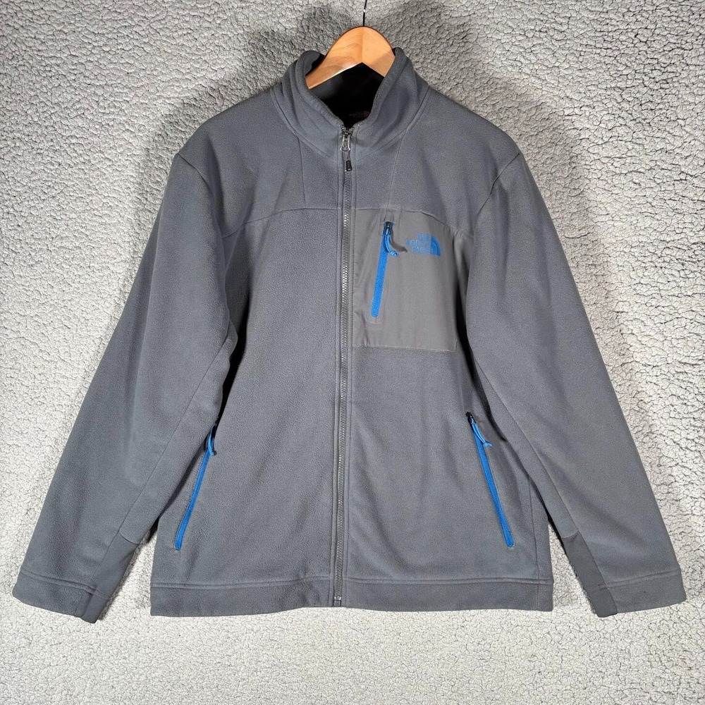 Grey North Face Zip Up Jacket Sz L With Blue Letters and Zippers Chimborazo READ